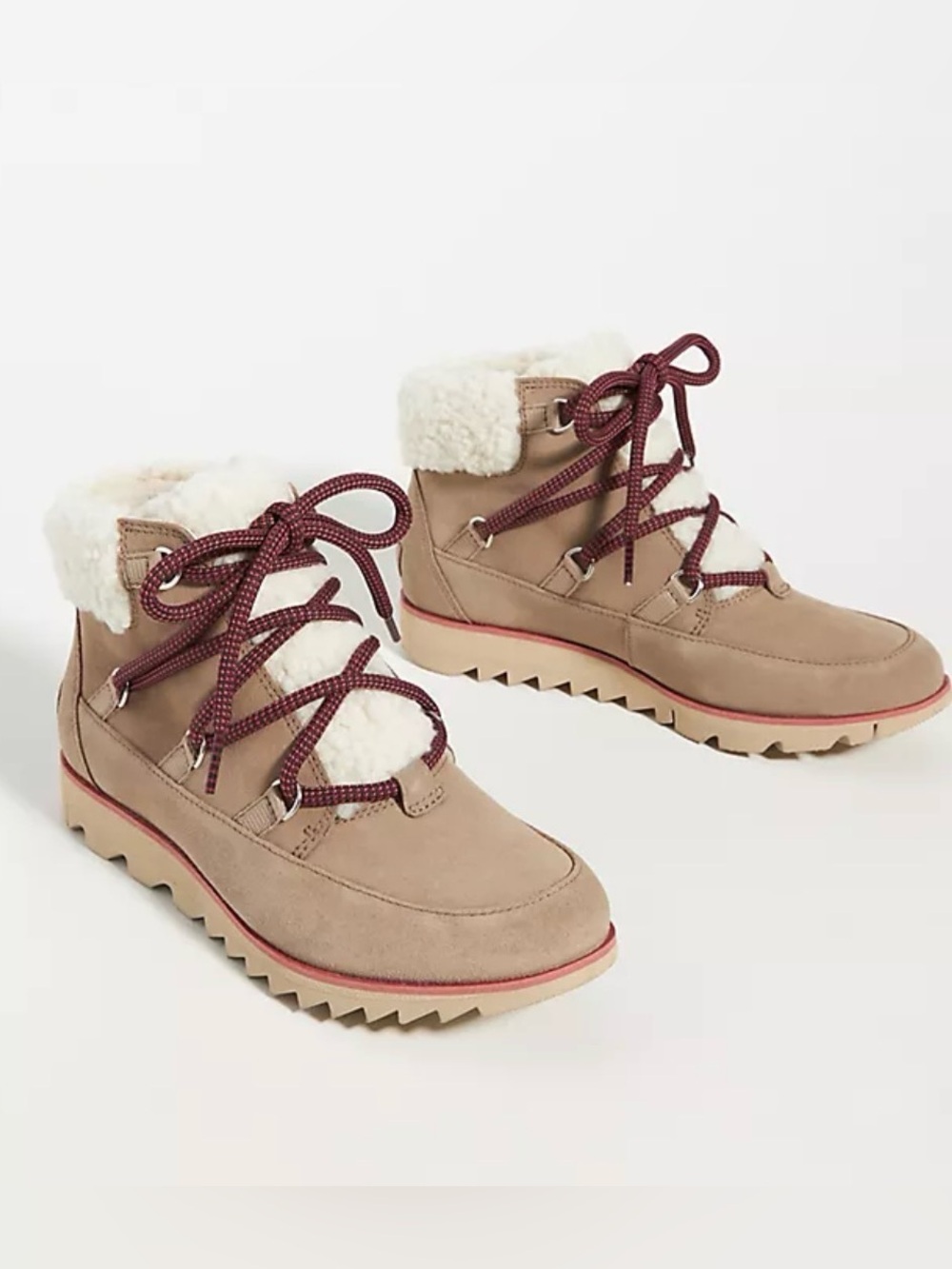 Sorel Tan Suede Lace-Up Shearling Ankle Boots with Burgundy Laces